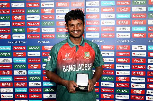 Mahmudul Hasan Joy with his Man of the Match award post a stunning century in the semi-finals Mahmudul Hasan Joy with his Man of the Match award post a stunning century in the semi-finals
