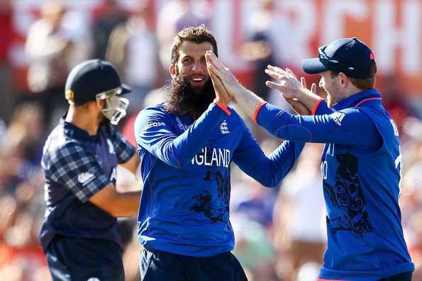 Moeen Ali scored 128 and took 2/47 to lead England to their first win of the World Cup.