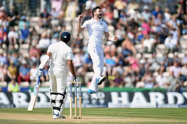 England bowler James Anderson celebrates after dismissing India batsman Rohit Sharma