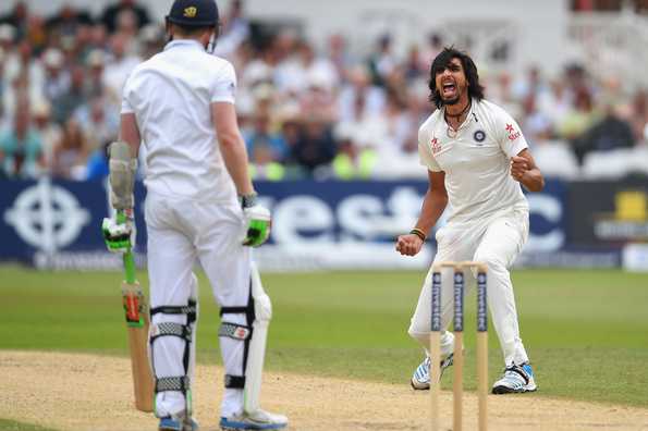 India bowler Ishant Sharma celebrates after dismissing England batsman during day three of the 1st Investec Test Match between England and India at Trent Bridge on July 11, 2014 in Nottingham, England. India bowler Ishant Sharma celebrates after dismissing England batsman during day three of the 1st Investec Test Match between England and India at Trent Bridge on July 11, 2014 in Nottingham, England.