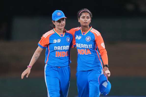 Shreyanka Patil (right) had suffered a fracture to her left hand in the Asia Cup opener against Pakistan. Shreyanka Patil (right) had suffered a fracture to her left hand in the Asia Cup opener against Pakistan.